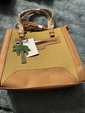 Woven Straw Tote Bag with Tan Trim